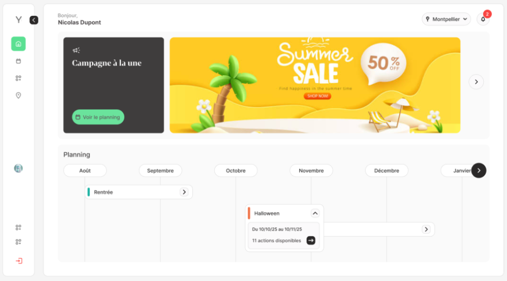Tableau de bord, planning campagnes marketing. Yumint